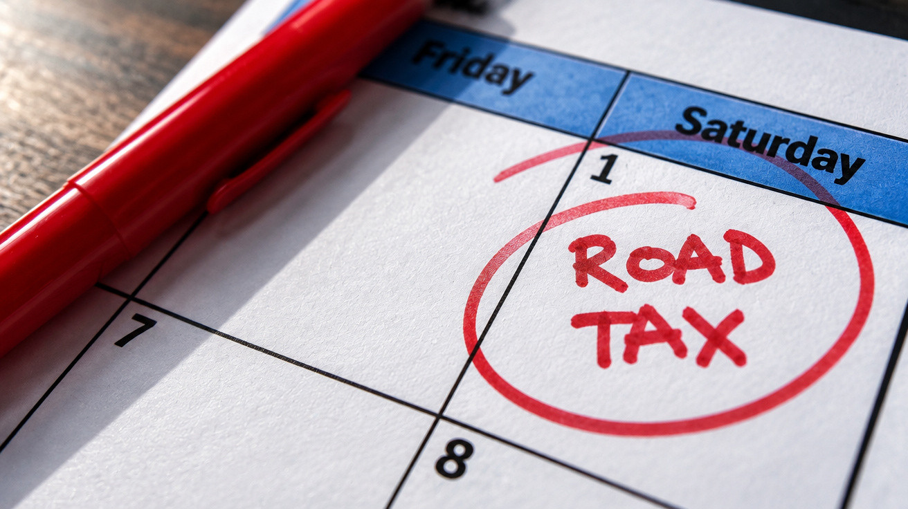 Close-up of a calendar page showing a red circle around "Road Tax" on Saturday the 1st, with a red pen nearby.
