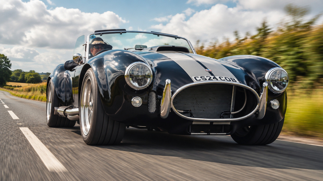 Black classic AC Cobra sports car with white racing stripe driving on a country road under a blue sky.