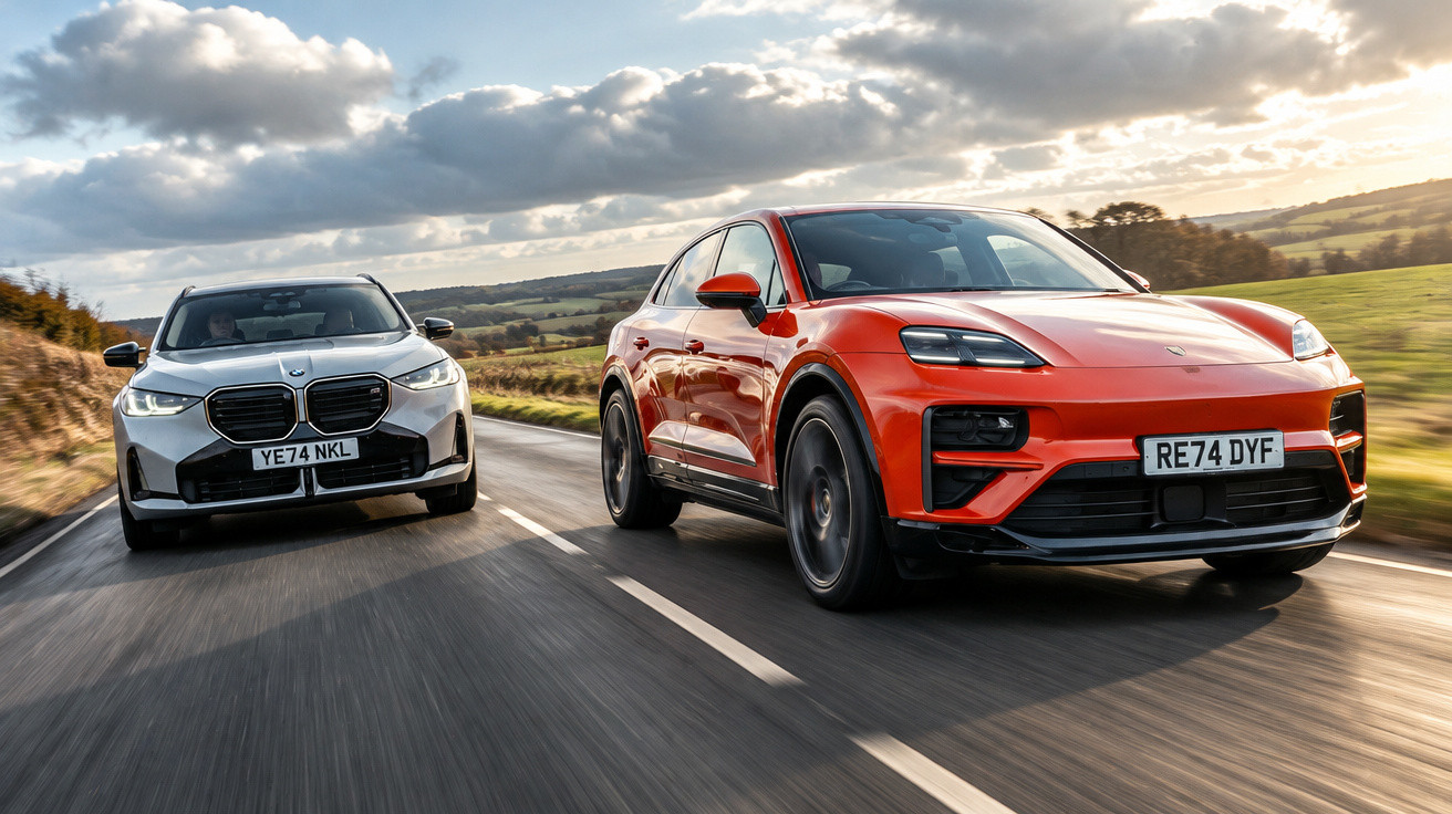 Two modern electric SUVs, one red and one white, driving side by side on a countryside road under cloudy sky.