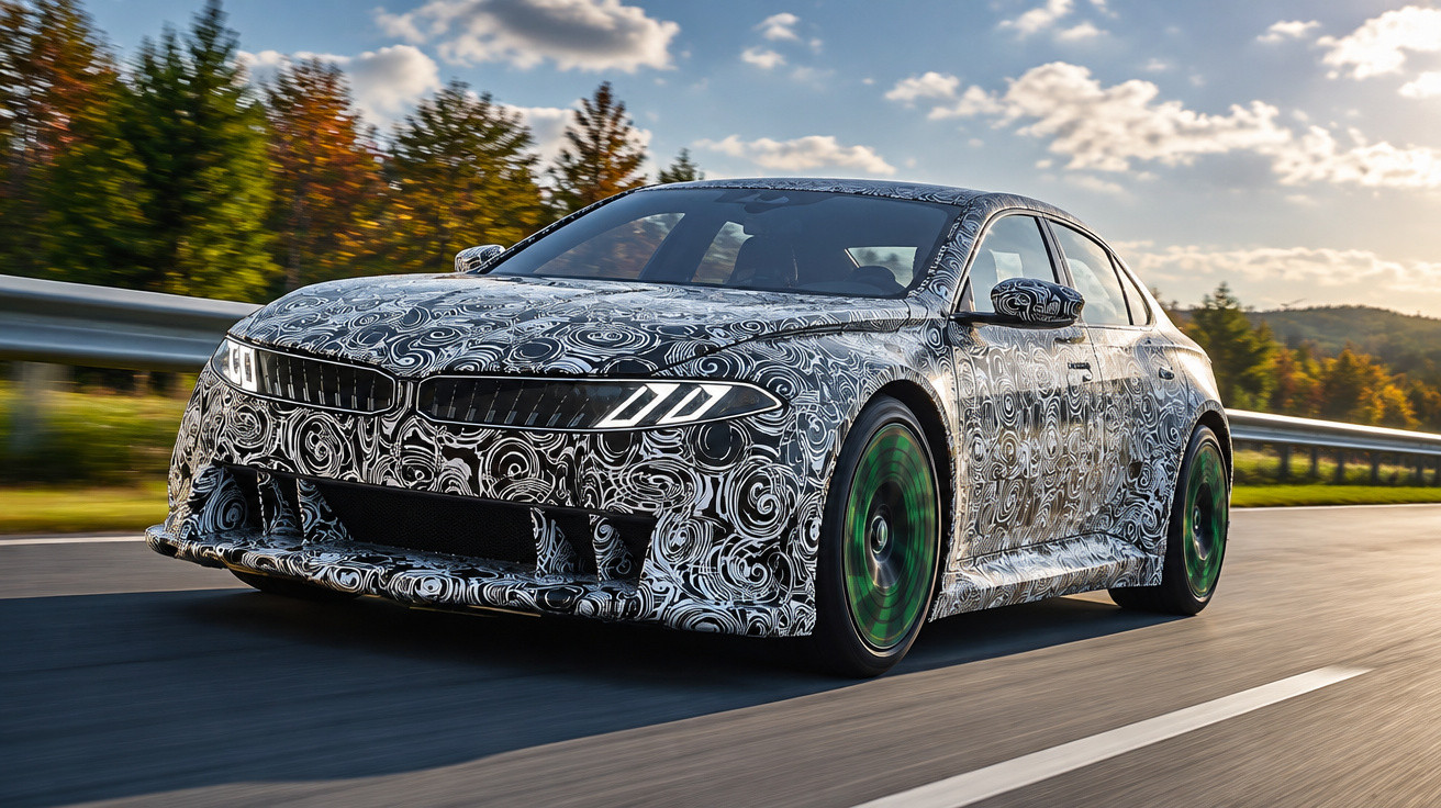 Camouflaged sports car with black and white swirl pattern driving on a road surrounded by autumn trees.