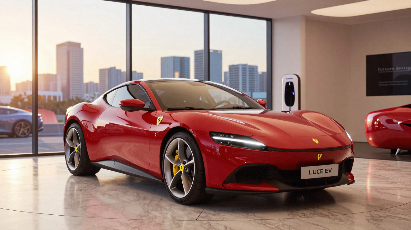 Red Ferrari Luce EV electric sports car displayed inside showroom with cityscape through large windows.