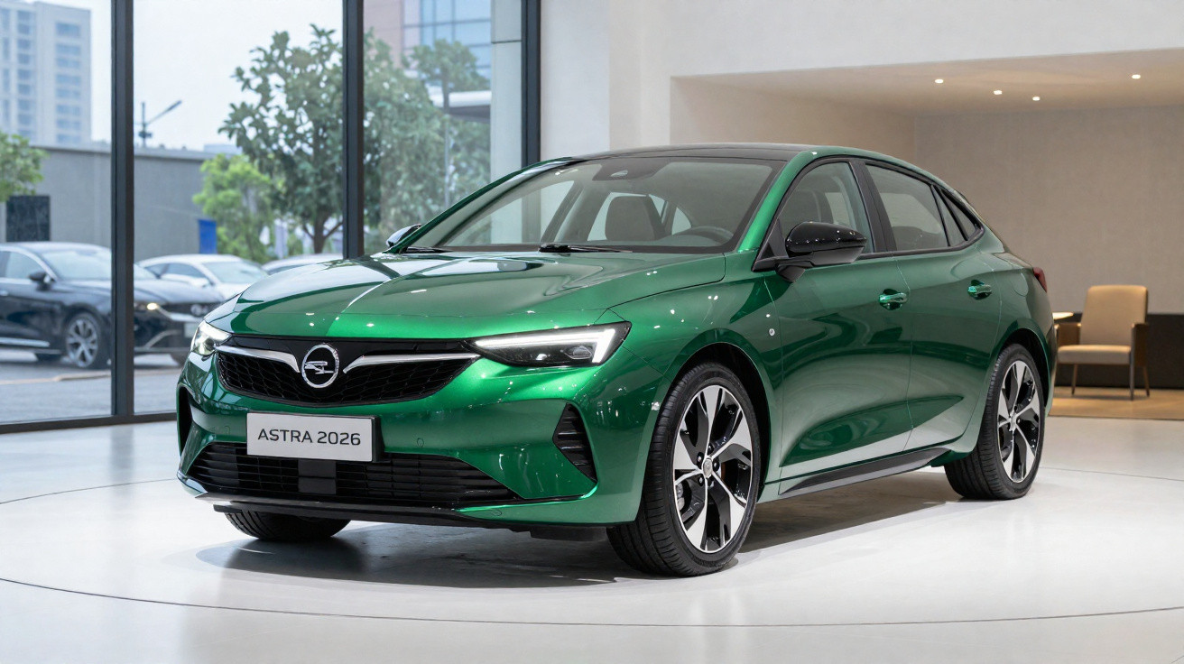 Glossy green 2026 Opel Astra hatchback displayed indoors on a circular platform by large windows.