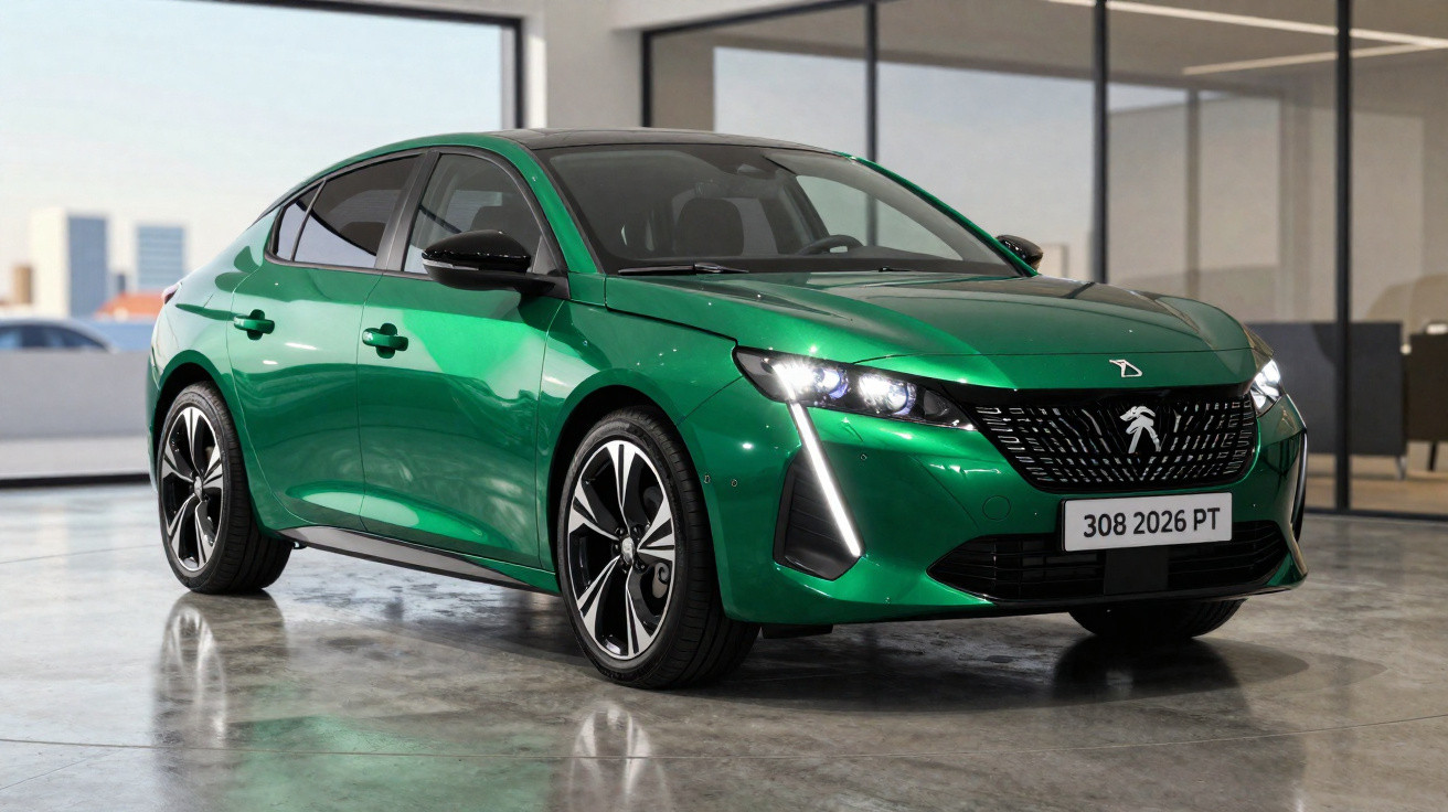 Green Peugeot 308 with headlights on parked inside a modern showroom with glass walls.