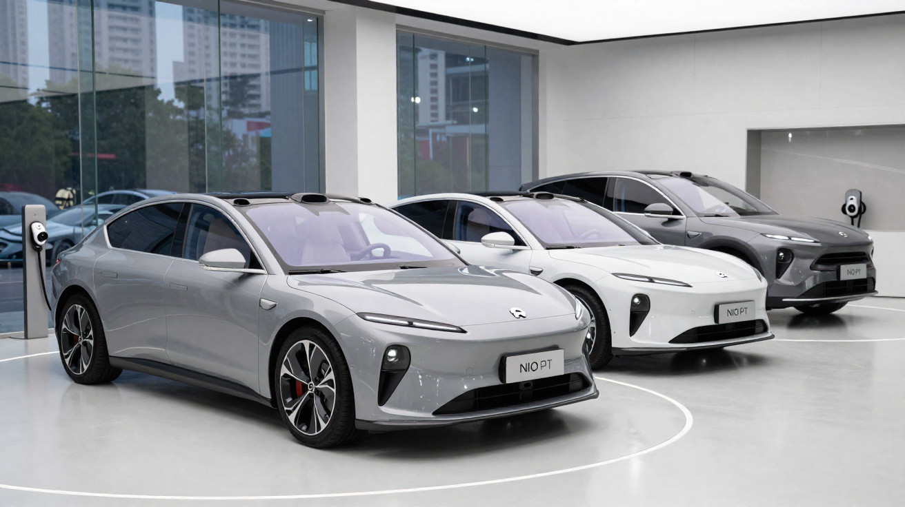 Three NIO electric sedans in grey, white, and black parked inside a showroom near charging stations.