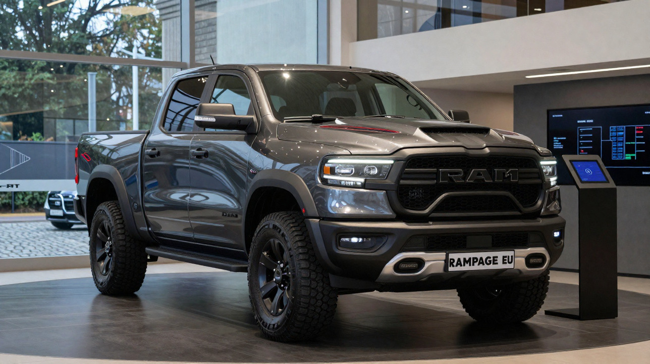 Grey Ram pickup truck displayed indoors with rugged tyres and "Rampage EU" licence plate.