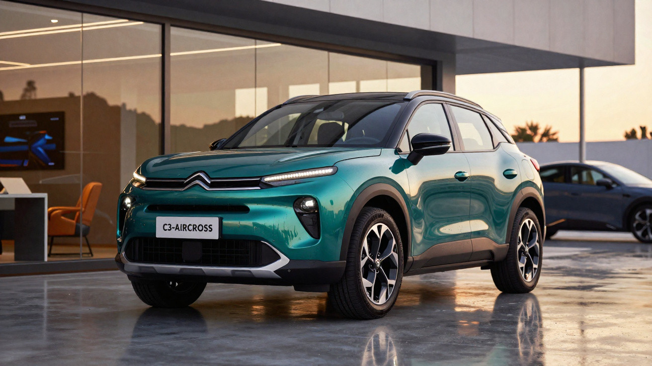 Green Citroën C3 Aircross parked on a wet concrete surface outside a modern building at sunset.