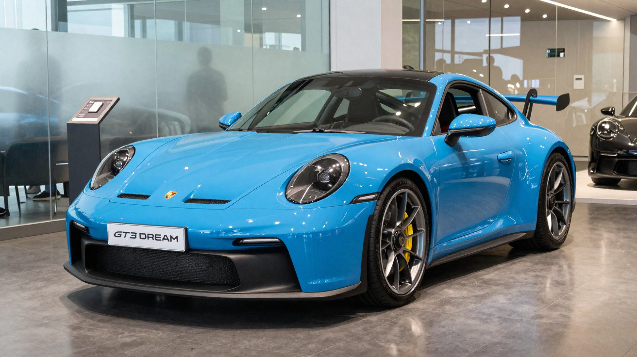 Blue Porsche GT3 sports car with black roof and rear spoiler displayed indoors on polished floor