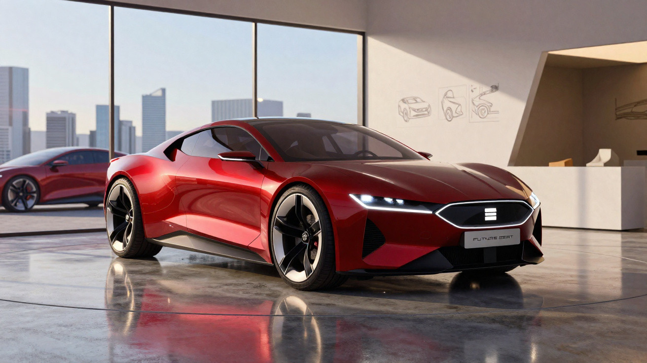 Sleek red sports car displayed in a modern showroom with city skyline visible through large windows.