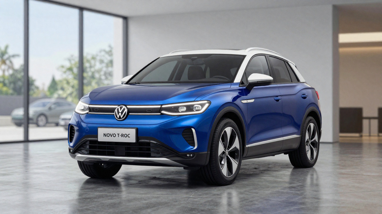 Blue Volkswagen Novo T-Roc electric SUV parked inside a modern showroom with large windows.