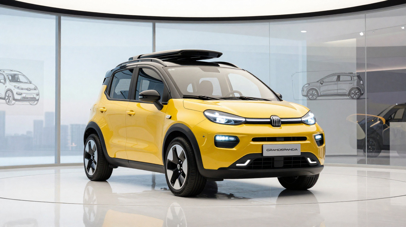 Yellow and black compact Fiat crossover car displayed in a modern showroom with glass walls and city views.