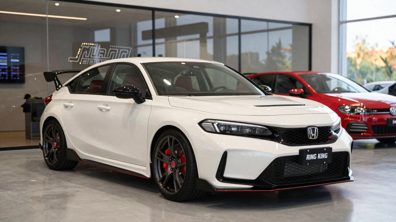 White Honda Civic Type R hatchback with black red-accented wheels parked indoors beside a red car.
