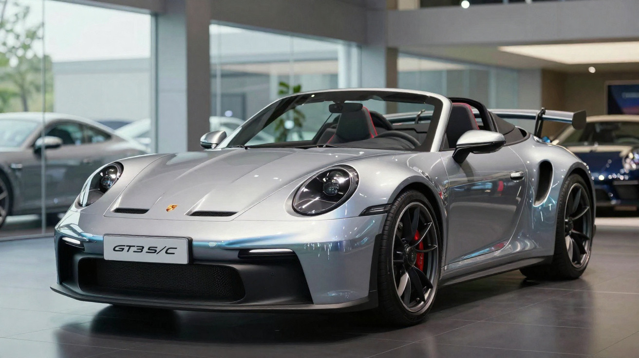 Silver Porsche 911 GT3 5/C sports car displayed indoors with black wheels and red brake calipers.