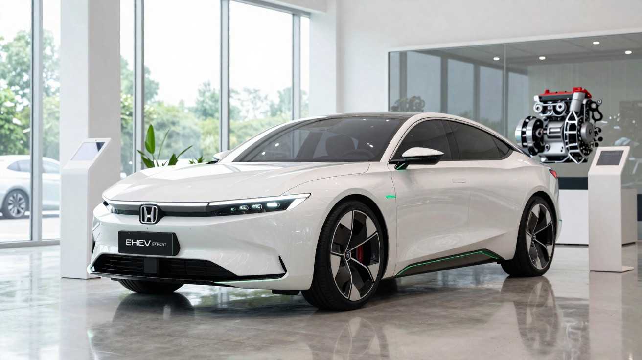 White Honda EHEV e:Prototype electric car displayed in a modern showroom with large windows and engine model nearby.