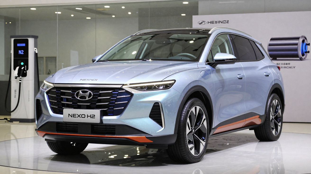 Silver Hyundai NEXO H2 hydrogen fuel cell SUV on display indoors near a hydrogen filling station unit