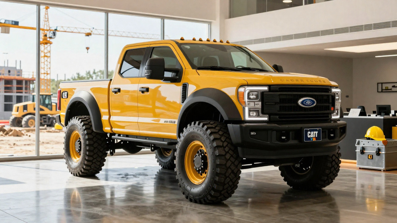 Yellow Ford Super Duty pick-up truck with large off-road tyres displayed indoors at a showroom.