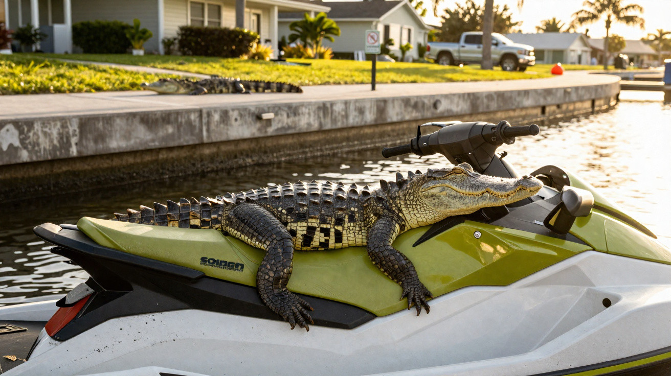 Alligator resting on the seat and handlebars of a green and white jet ski by a canal.