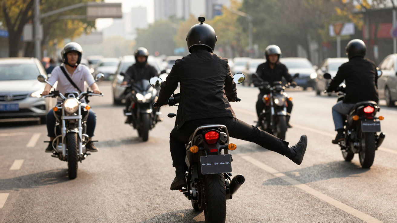 Group of five motorcyclists riding on a city street, one rider has a leg extended to the side.