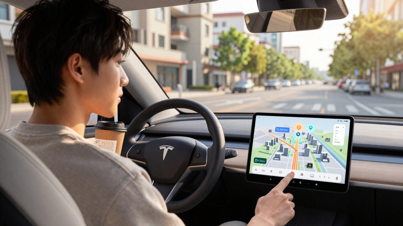Person using touchscreen navigation in a Tesla car holding a coffee cup on a sunny city road.