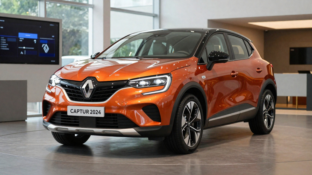Orange 2024 Renault Captur compact SUV displayed indoors with black roof and alloy wheels.