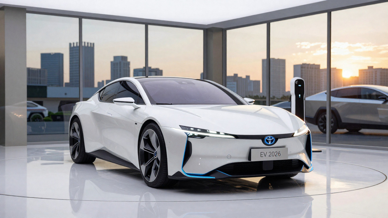 White Toyota electric sports car displayed indoors with city skyline and sunset in the background