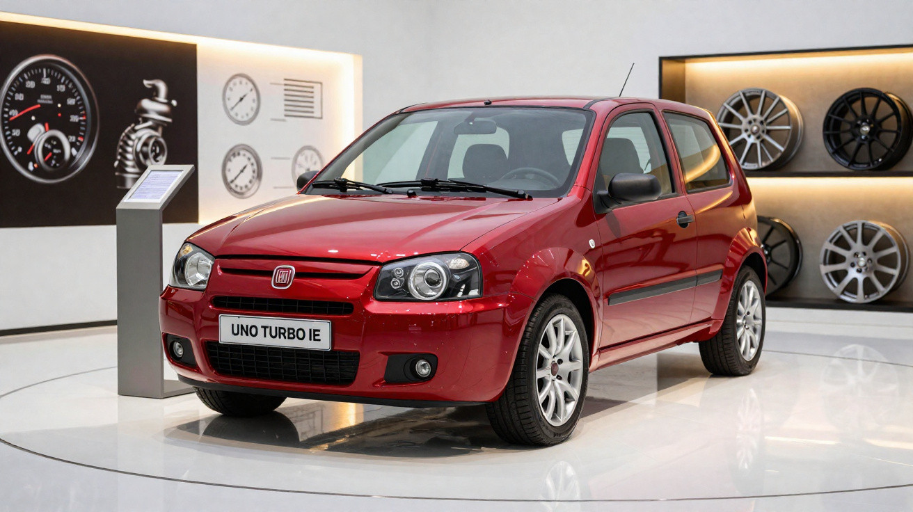 Red Fiat Uno Turbo IE hatchback displayed indoors with car wheels and speedometer images in background.
