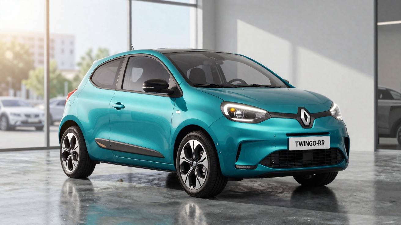 Teal Renault Twingo-RR compact car displayed in a bright showroom with large windows and reflective floor.