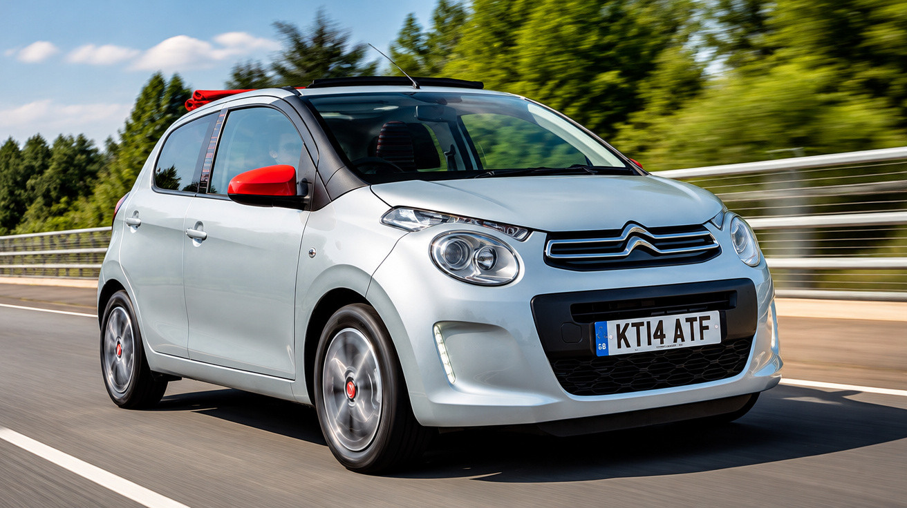 Silver Citroën compact car with red mirror caps driving on a highway with trees in the background.
