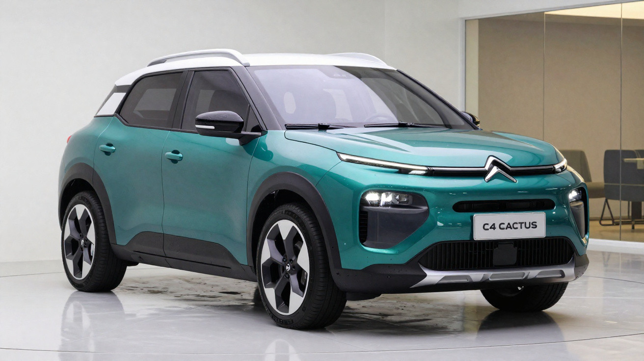 Teal and white Citroën C4 Cactus compact SUV displayed indoors on a polished floor.