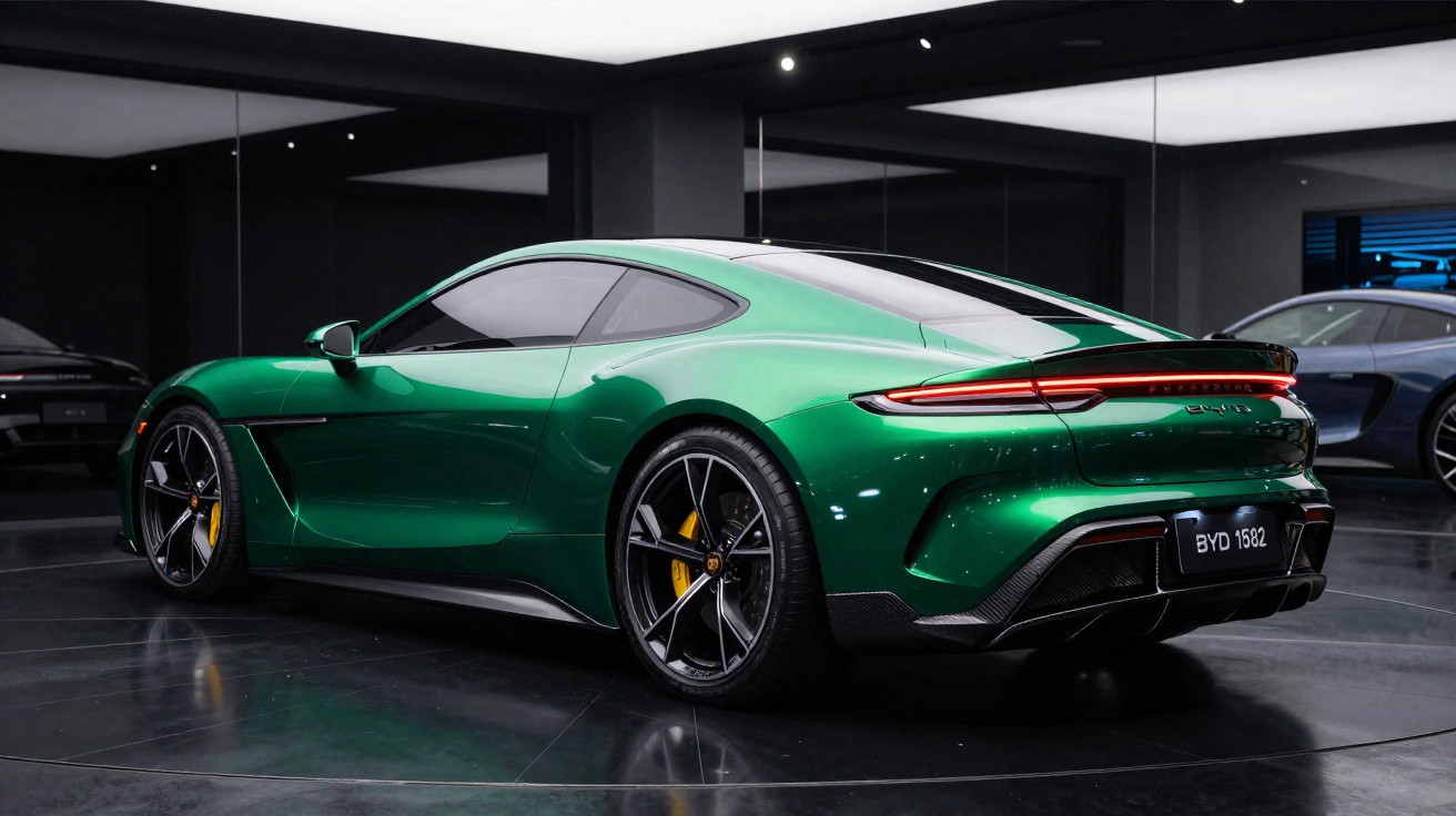 Sleek green sports car with black alloy wheels and yellow brake calipers in a modern showroom.