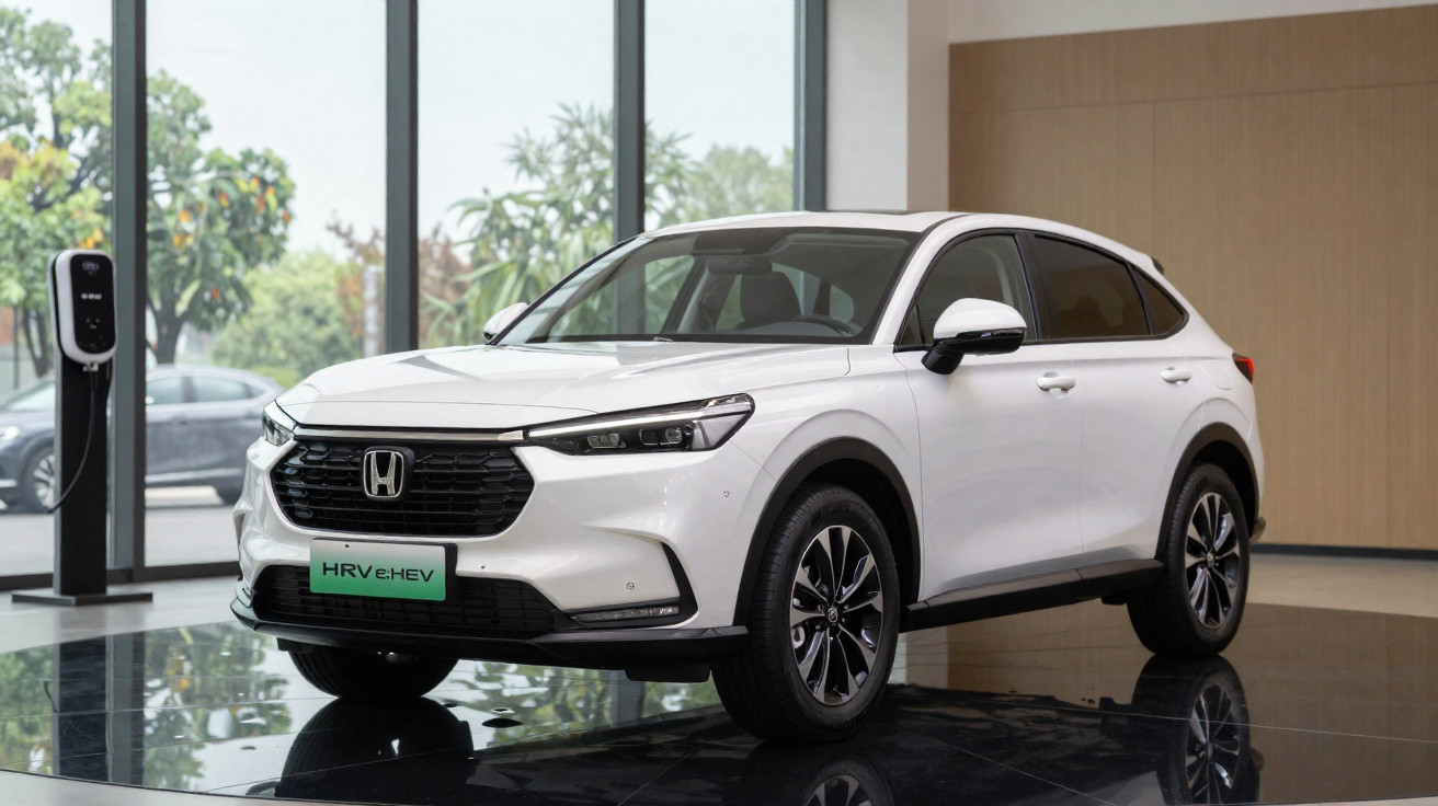 White Honda HR-V e:HEV electric SUV displayed indoors beside a charging station.
